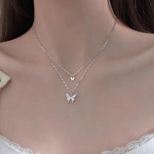 Silver plated Butterfly double Necklace Cubic zirconia crystal